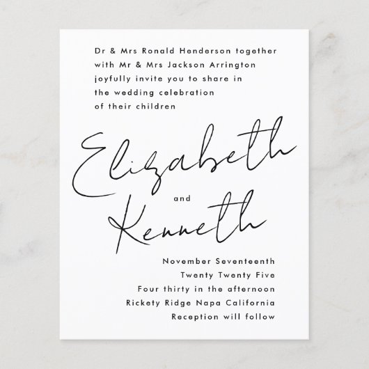 名前をカスタムする白黒予算の結婚式の招待 (正面)