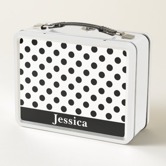 名前をカスタムする白黒水玉模様 メタルランチボックス (裏面)