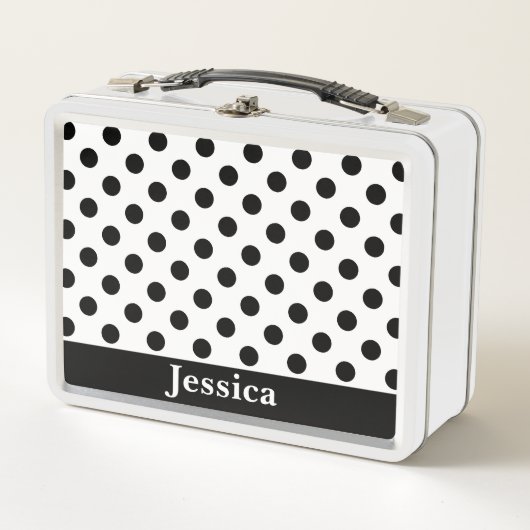 名前をカスタムする白黒水玉模様 メタルランチボックス (正面)