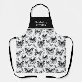 名前をカスタムする白黒蝶パターン エプロン (正面)