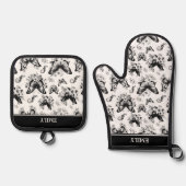 名前をカスタムする白黒蝶パターン 鍋つかみ&鍋敷きセット (正面)