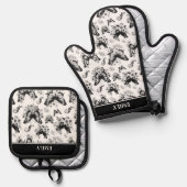 名前をカスタムする白黒蝶パターン 鍋つかみ&鍋敷きセット (正面/裏面)