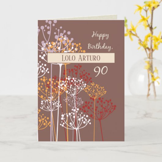 名前をカスタムする祖父90th誕生日ブラウン カード (黄色い花)