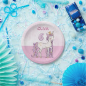 名前をカスタムする第6誕生日ピンクホース付きクラウン ペーパープレート (パーティー)