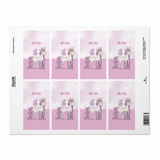 名前をカスタムする第6誕生日ピンクホース付きクラウン ラベル (フルシート)