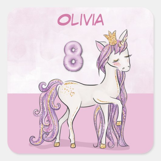 名前をカスタムする第8誕生日ピンクホース付きクラウン スクエアシール (正面)