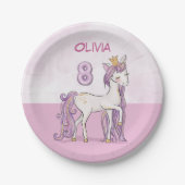 名前をカスタムする第8誕生日ピンクホース付きクラウン ペーパープレート (正面)