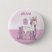 名前をカスタムする第8誕生日ピンクホース付きクラウン 缶バッジ (正面)
