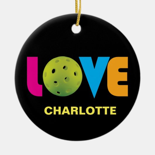 名前をカスタムする素晴らし付きピックボール大好き セラミックオーナメント (正面)