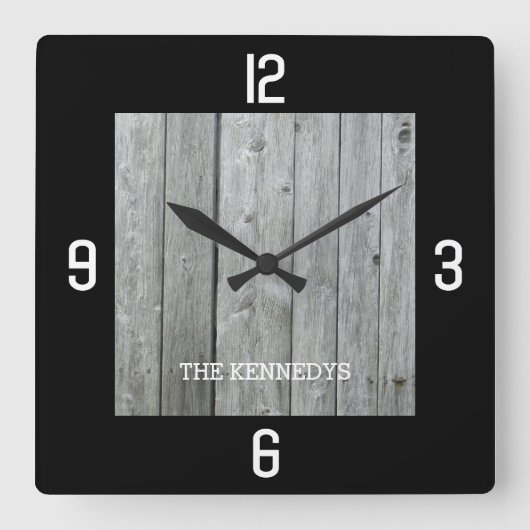 名前をカスタムする素朴ウッドプランクスブラック スクエア壁時計 (正面)