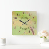 名前をカスタムする素朴ガレージワークショップグリーンパティナ スクエア壁時計 (ホーム)