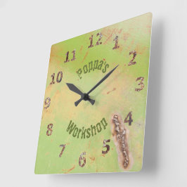 名前をカスタムする素朴ガレージワークショップグリーンパティナ スクエア壁時計