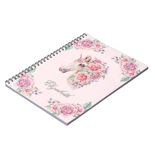 名前をカスタムする素朴水彩フローラユニコーンガールズ ノートブック (左側)