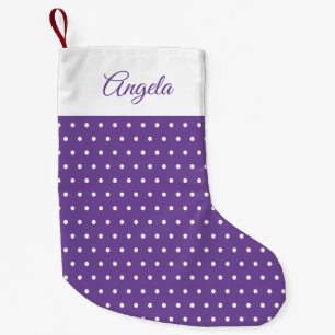 名前をカスタムする紫と白の水玉模様 スモールクリスマスストッキング