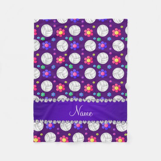 名前をカスタムする紫バレーボールのレインボーフラワー フリースブランケット (正面)