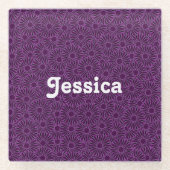 名前をカスタムする紫色の花を黒に ガラスコースター (正面)