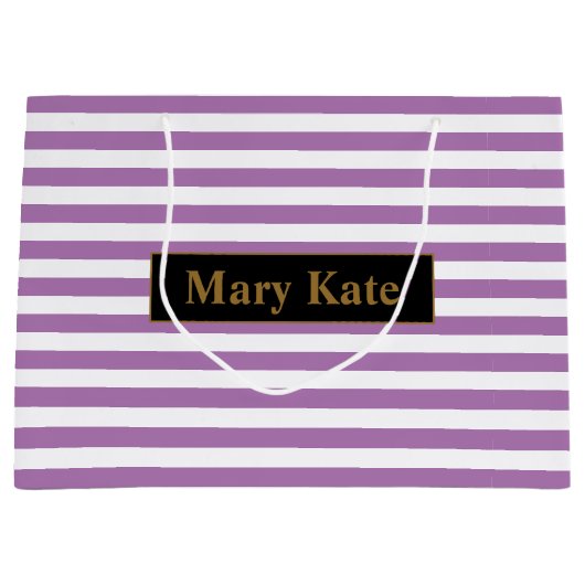 名前をカスタムする紫/白ストライプ色 ラージペーパーバッグ (正面)