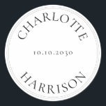 名前をカスタムする結婚のギフトメッセージカードシール ラウンドシール<br><div class="desc">カスタマイズ結婚文字名のギフトメッセージカードステッ縁どク。名前と日付、ミニマエレガントリスト、白黒。</div>