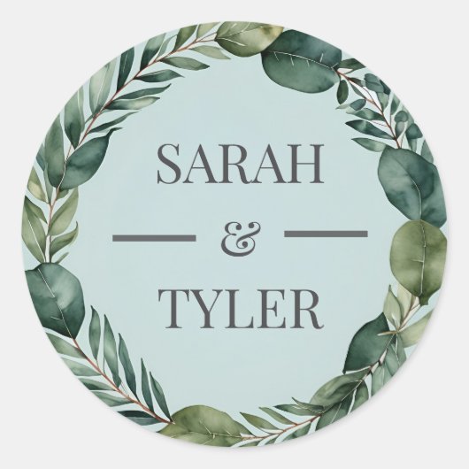 名前をカスタムする結婚のユーカリリースシール ラウンドシール (正面)