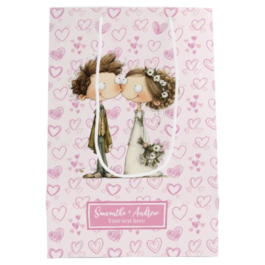 名前をカスタムする結婚抱き枕予測できなデザイン ミディアムペーパーバッグ (裏面)