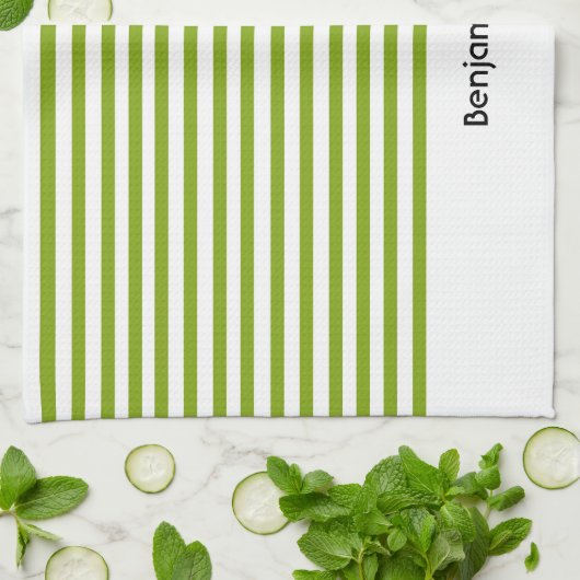 名前をカスタムする緑と白ストライプ色 キッチンタオル (折り畳み)