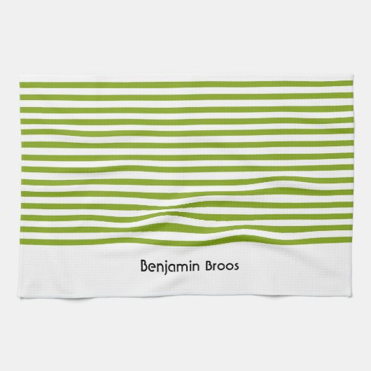 名前をカスタムする緑と白ストライプ色 キッチンタオル (横)