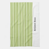 名前をカスタムする緑と白ストライプ色 キッチンタオル (縦)