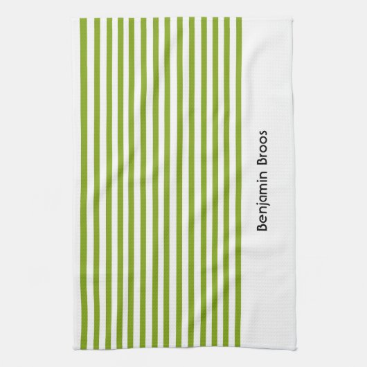 名前をカスタムする緑と白ストライプ色 キッチンタオル (縦)
