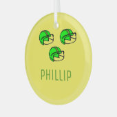 名前をカスタムする緑のサッカーヘルメット黄色 ガラスオーナメント (正面左)