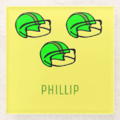 名前をカスタムする緑のサッカーヘルメット黄色 ガラスコースター (正面)