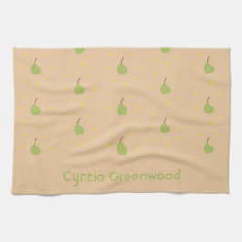 名前をカスタムする緑色のナシ模様ブラウン キッチンタオル
