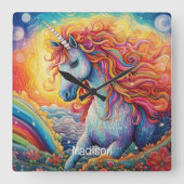 名前をカスタムする美しいユニコーン スクエア壁時計 (正面)