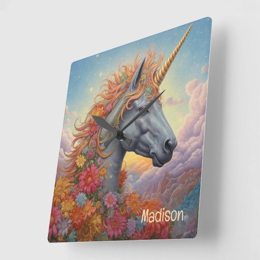 名前をカスタムする美しいユニコーン スクエア壁時計 (傾斜)