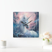 名前をカスタムする美しいユニコーン スクエア壁時計 (ホーム)