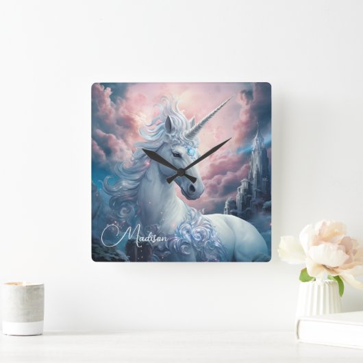 名前をカスタムする美しいユニコーン スクエア壁時計 (ホーム)