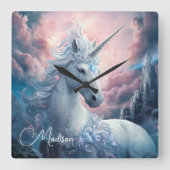 名前をカスタムする美しいユニコーン スクエア壁時計 (正面)