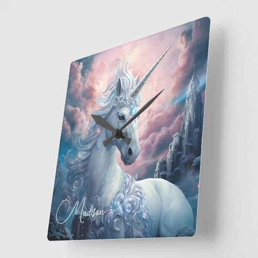 名前をカスタムする美しいユニコーン スクエア壁時計 (傾斜)