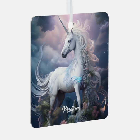 名前をカスタムする美しいユニコーン メタルオーナメント (正面右)