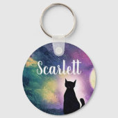 名前をカスタムする芸術的かわいい猫の月と銀河系 キーホルダー (正面)