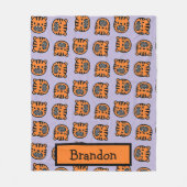 名前をカスタムする茶色の虎の顔模様 フリースブランケット (正面)