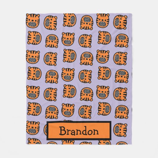 名前をカスタムする茶色の虎の顔模様 フリースブランケット (正面)