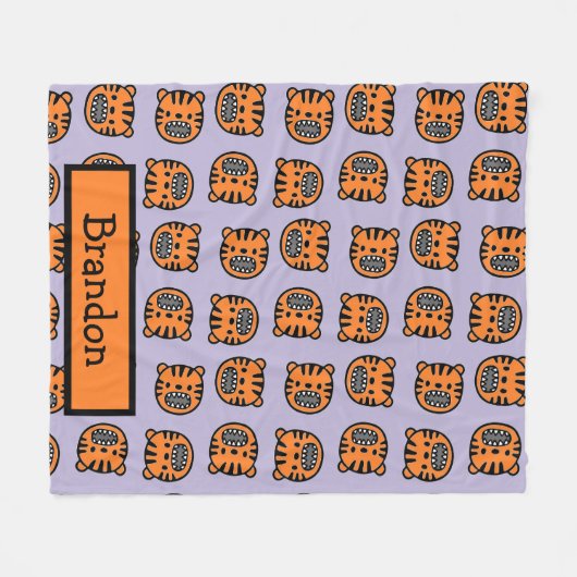 名前をカスタムする茶色の虎の顔模様 フリースブランケット (正面(横))