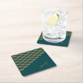 名前をカスタムする茶色フローラオンパイングリーン スクエアペーパーコースター (インサイチュ)