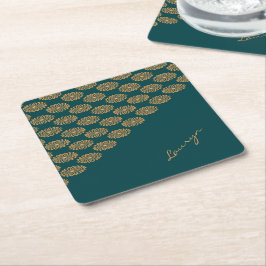 名前をカスタムする茶色フローラオンパイングリーン スクエアペーパーコースター