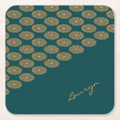 名前をカスタムする茶色フローラオンパイングリーン スクエアペーパーコースター (正面)