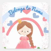 名前をカスタムする蔵書票キュートパステルレインボープリンセス スクエアシール (正面)