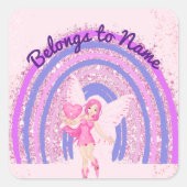名前をカスタムする蔵書票キュートパープルレインボーフェアリー スクエアシール (正面)