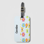 名前をカスタムする蝶と花の青いパターン ラゲッジタグ (正面縦)
