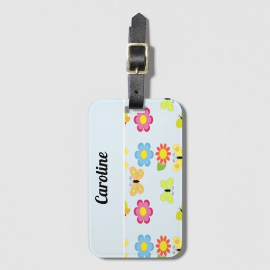 名前をカスタムする蝶と花の青いパターン ラゲッジタグ (正面縦)
