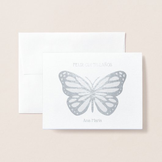 名前をカスタムする蝶の誕生日カンプレアノスシルバー 箔カード (封筒付き正面)